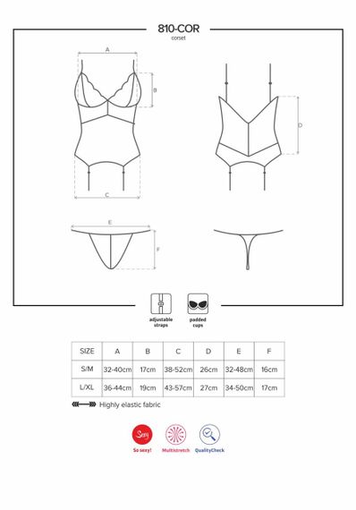 Сатиновий мереживний корсет Obsessive 810-COR-2 babydoll & thong L/XL, білий, корсет, танга | Зображення 6