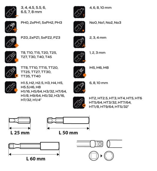 Біти Neo Tools , набір 99шт, 1/4', тримачі 2шт, перхідники 3шт, SL,PH,PZ,H,T,TT, 25мм, сталь S2, кейс (06-104) | Зображення 2