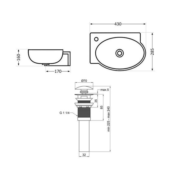 Комплект Qtap Leo: Раковина підвісна овальна ліва 430x285x160 мм White + Донний клапан PU02O | Зображення 1