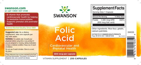 Фолиевая кислота Swanson Folic Acid 800 mcg 250 Caps | Зображення 1