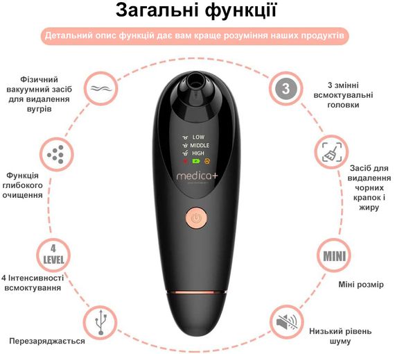 Набір: Вакуумний очисник шкіри та пор Medica+ SkinCleaner 9.0 black + Інструменти для чищення обличчя (EasyClean) | Зображення 2