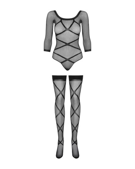Бодістокінг Obsessive Bodystocking G320 S/M/L, панчохи, боді, декор у вигляді ліній | Зображення 4