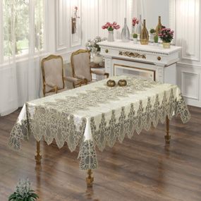Велюрова скатертина з мереживом Haspen 160×300 см Kumsal, кремова
