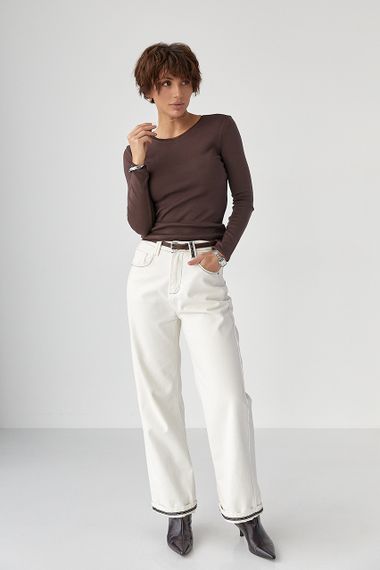 Однотонний лонгслів із сітчастою окантовкою - коричневий цвет, M (є розміри) | Зображення 2