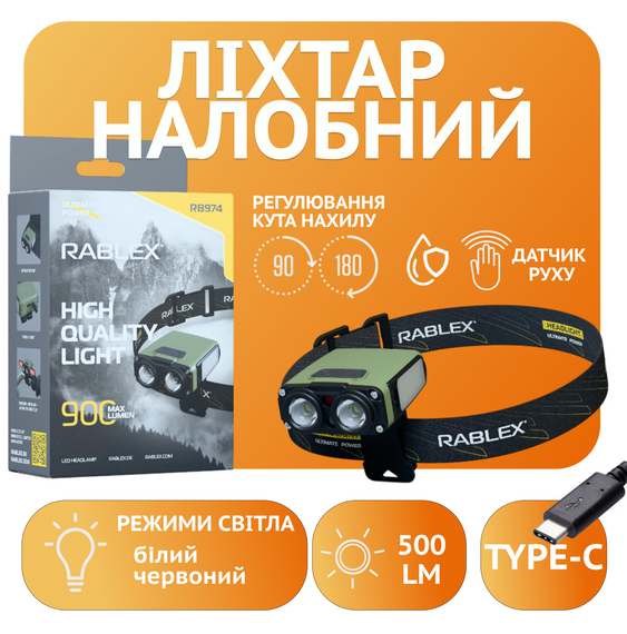 Ліхтар налобний Rablex RB974 - біле та червоне світло, сенсор, Type-C, 900 люмен, кріплення на велосипед | Зображення 2