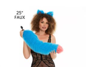 Анальний хутряний пухнастий хвіст без пробки, Яскраво-блакитний з яскраво-рожевим кінчиком, OKOVA 60 см. sexstyle