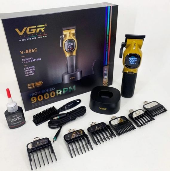 Универсальная машинка для стрижки VGR V-886C GOLD с 6 насадками професиональная аккумуляторная на подставке LED-дисплей Золотистая | Зображення 5