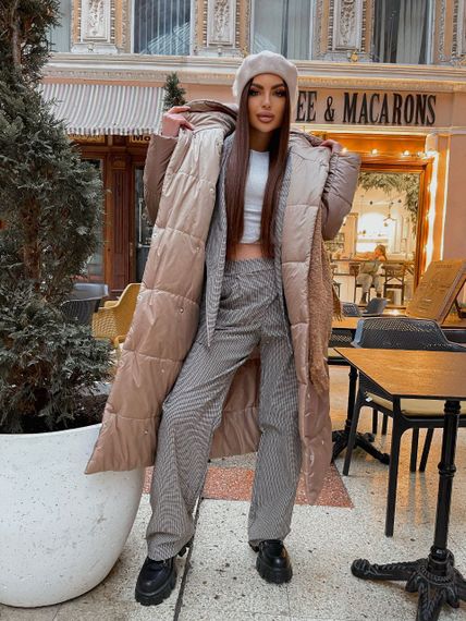 Женская двухсторонняя куртка-пальто длинное на кнопках LY30368 цвет бежевый+капучино, размер 42/48 | Зображення 2