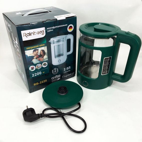 Електрочайник Rainberg RB-2220 скляний дисковий прозорий. Чайник із підсвічуванням 2200W. EO-789 Колір: зелений | Зображення 6