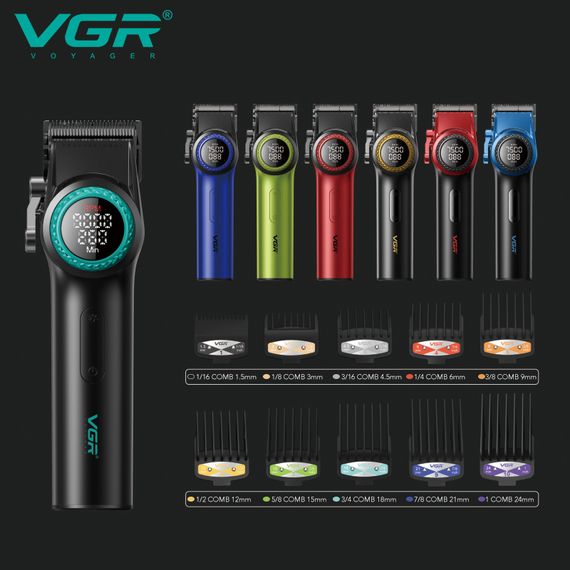 Акумуляторна машинка для стрижки VGR V-001 BLUE, 10 насадок, LED-дисплей, 9000 RPM, 4600 mAh (46066-V-001_2049) | Зображення 5