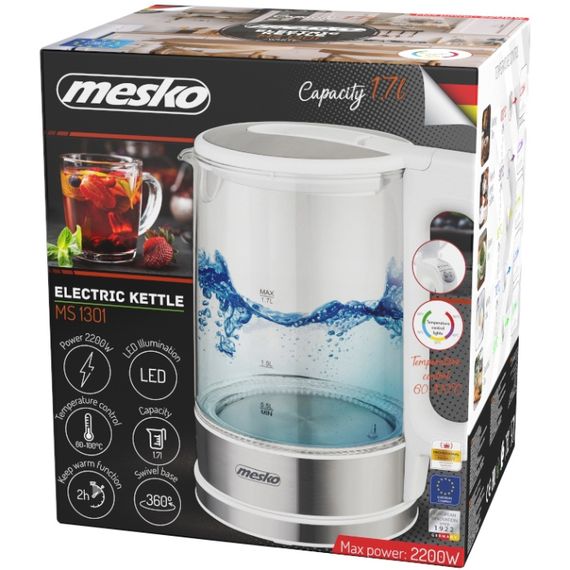 Електрочайник Mesko MS 1301 white 1850-2200Вт/ 1.7л/ скло/ встановлення температури | Зображення 6