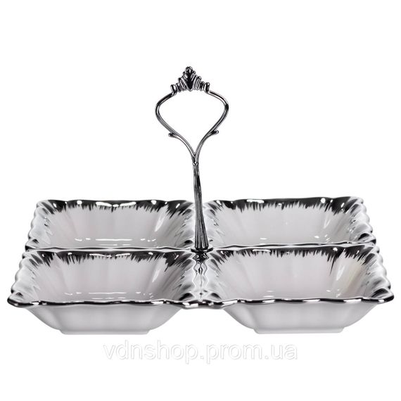 Менажниця порцелянова на 4 секції 22.5×22.5×3 (см) з ручкою Білий зі сріблом LC-BYL-101-S | Зображення 3