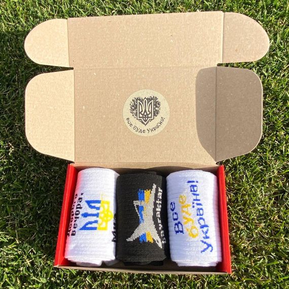 Подарочный набор бокс патриотичных мужских носков в коробке размер 40-45 3 пары разные цвета ч3укр12 | Зображення 5