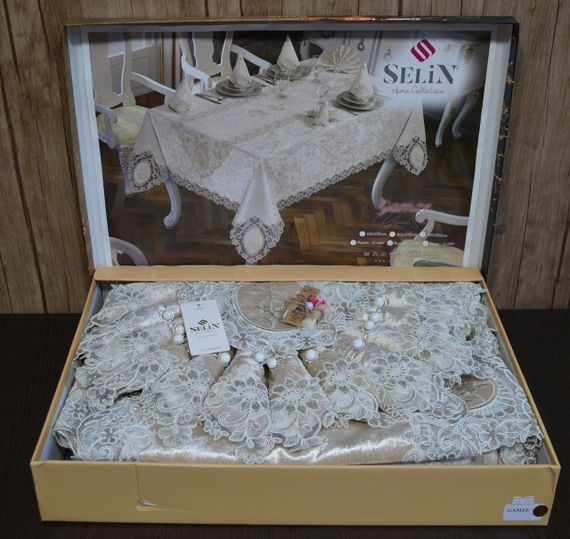 Велюрова скатертина з ранером Selin Gamze Set 160×350+12 серветок Бежева | Зображення 1