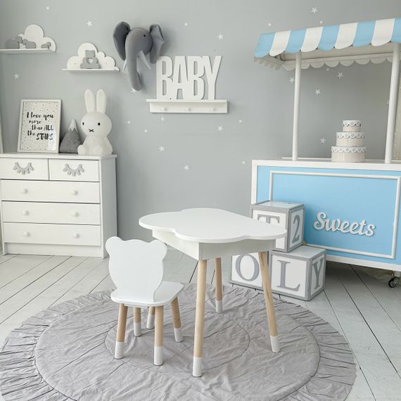 Новинка! Дитячий білий столик хмаринка з нішею і стільчик ведмедик білий 65480 | Зображення 7