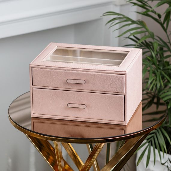 Скринька органайзер для прикрас прямокутна на два яруси з екошкіри 24.5 х 17.5 х 14 см Пудрова