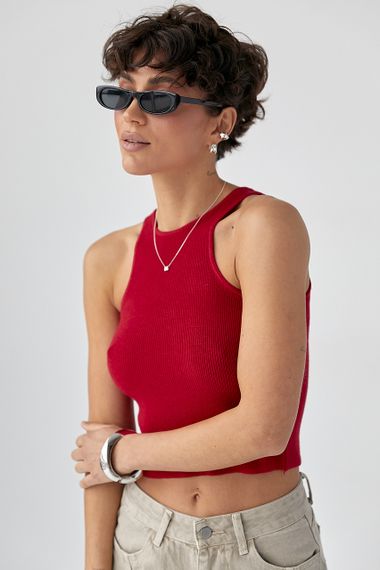 В'язана коротка майка в рубчик - червоний цвет, ONE SIZE (є розміри) | Зображення 4