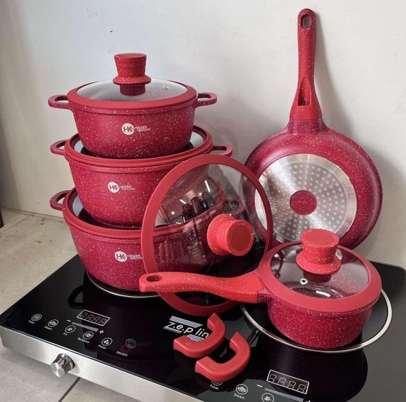 Набір каструль із гранітним антипригарним покриттям Higher Kitchen НК-316  з 12 предметів Червоний | Зображення 1
