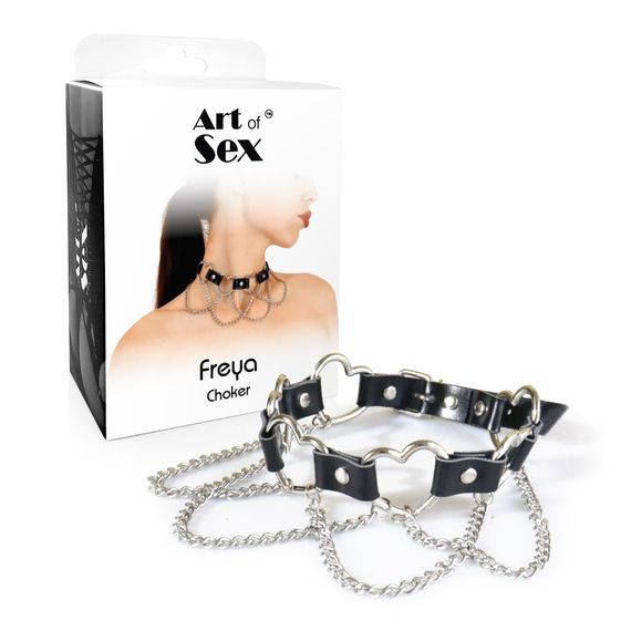 Чокер із серцями та ланцюжками Art of Sex - Freya, натуральна шкіра, колір чорний | Зображення 2