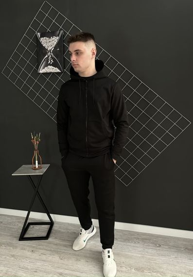 Комплект 3 в 1 Демісезонний спортивний костюм чорна кофта на змійці + чорні штани (двонитка) + Футболка однотонна чорна | Зображення 1