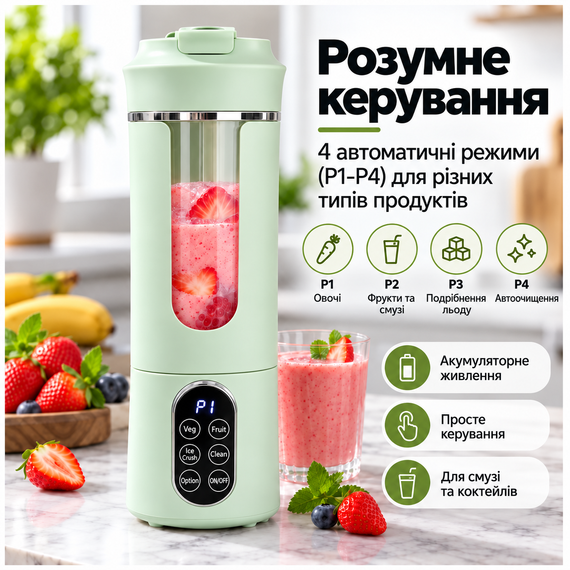Портативный блендер-шейкер HS-889 530 мл, 12 лезвий SUS304, аккумулятор 1300 мАч, USB Type-C, для смузи и коктейлей, зеленый | Зображення 8