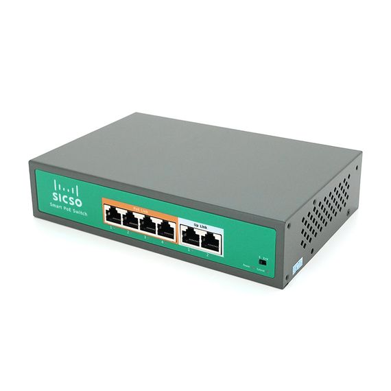 Комутатор POE SICSO 48V з 4 портами POE 100Мбит + 2  порт Ethernet (UP-Link) 100Мбит, c посиленням сигналу до 250м, корпус -метал, Silver, БП вбудований, Q30