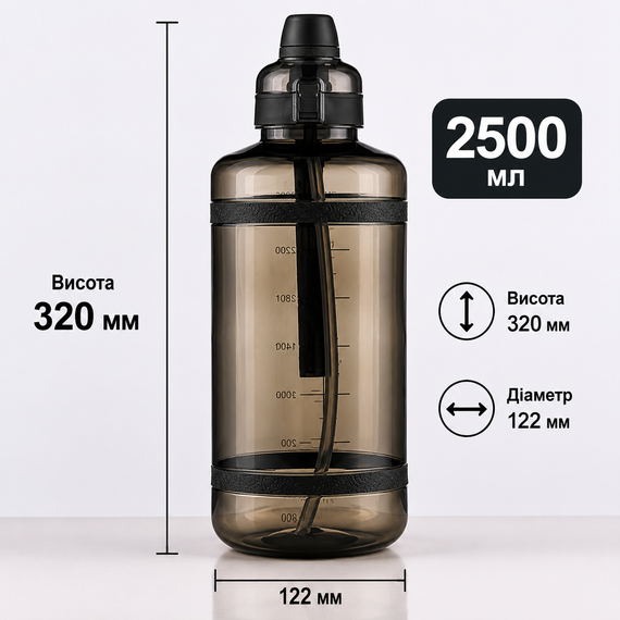 Спортивная бутылка для воды 2500 мл из тритана с соломинкой, Черная - Ударопрочная и без BPA | Зображення 2