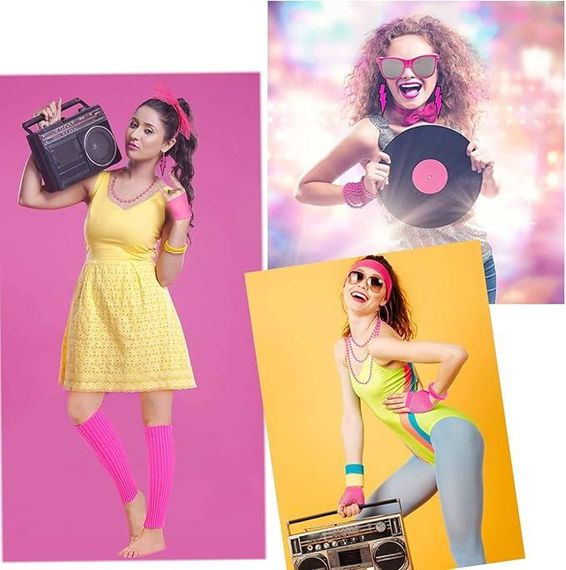 Набір рожевих аксесуарів у стилі 80-х обруч рукавички сережки намисто браслети, комплект для ретро образу на Хелловін, корпоратив | Зображення 6