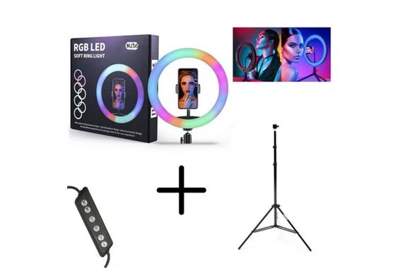 Лед-лампа кольцевая для студийного освещения Ring RGB MJ 36 36см  с пультом и штативом для фото и видео | Зображення 2