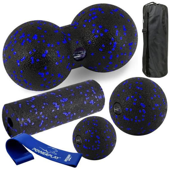 Набір для масажу та йоги PowerPlay PP_4093 EPP (3 м'ячики + валик масажер 15*5,3см.) Blue + резинка 7,5кг.