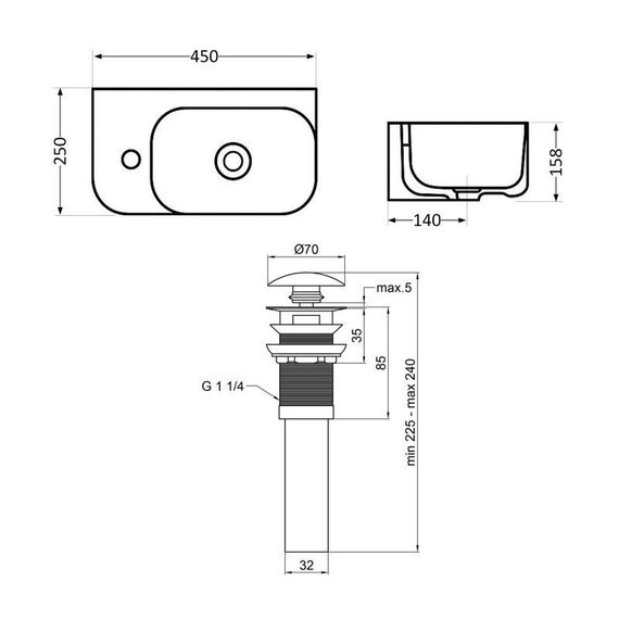 Комплект Qtap Tern: Раковина підвісна прямокутна ліва 450х250х158 мм White + Донний клапан PU02O | Зображення 1