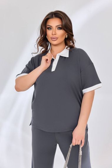 Женский легкий летний брючный костюм с футболкой, большие размеры и батал, SS172 цвет серый, размер 56/60 | Зображення 2