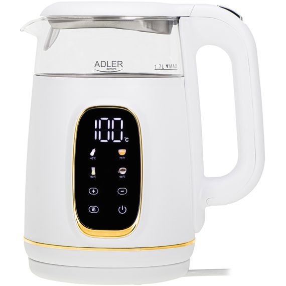 Електрочайник Adler AD 1305 white gold 1850-2200Вт/ 1.7л/ скло/ встановлення температури/ | Зображення 1