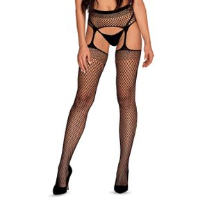Панчохи-стокінги із сітки різного розміру Obsessive Garter stockingsS815S/M/L, чорні, імітація гарте, S/M/L