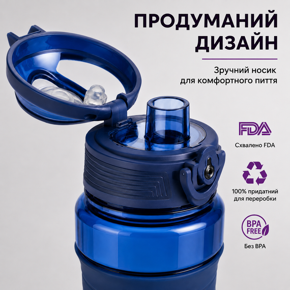 Синяя многоразовая тритановая бутылка KANGZYUAN 650 мл с антибактериальным покрытием и эргономичной формой | Зображення 5