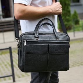 Сумка мужская офисная через плечо 39х29х10, практичный кожаный портфель для бизнеса, черный