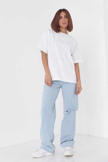 Однотонная женская футболка в стиле oversize - молочный цвет, M (есть размеры) | Зображення 2