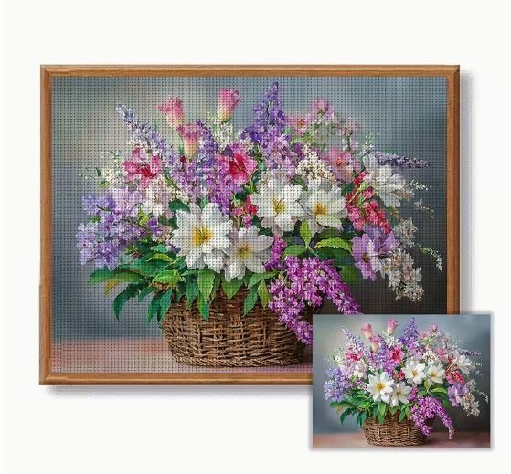 Набор для вышивки крестом JOZYSH «Цветочная палитра в корзине» 14CT, 30x40 см, канва Аида с нанесенным рисунком
