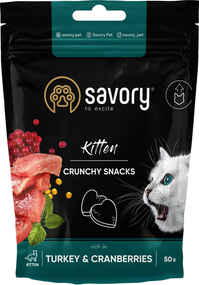 Хрустящие лакомства Savory для здорового роста котят, индейка с клюквой 50г
