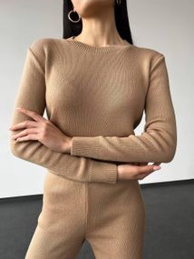 Вязаный женский костюм кофта и брюки бежевого цвета размер XS-XL S-M