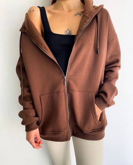 Жіноче зип-худі оверсайз на блискавці тепле на флісі з капюшоном розмір 48/52 колір коричневий GF052