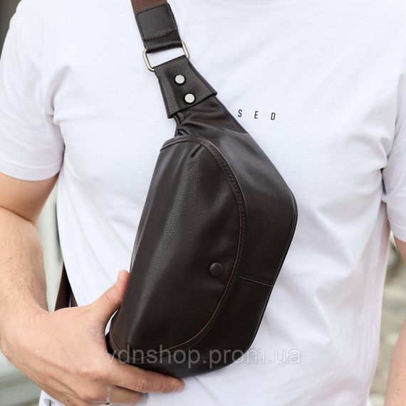 Мужской кожаный нагрудной рюкзак для телефона 14х29х8, сумка бананка для города и отдыха 70101 черная