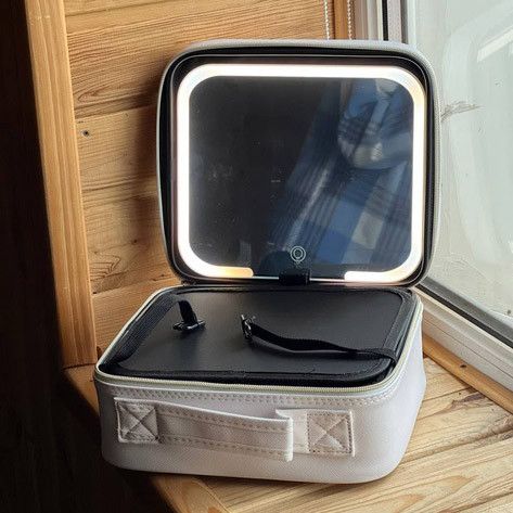 Портативна косметичка органайзер дорожній бьюті кейс з ручкою для з дзеркалом та LED-підсвічуванням бежевий | Зображення 1