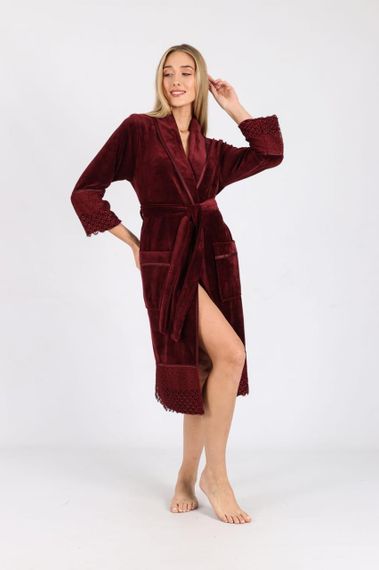 Жіночий халат Nusa 0535 велюровий з мереживом бордовий L/XL | Зображення 1
