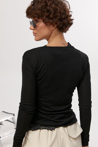 Легкий лонгслів на ґудзиках у комплекті з мереживною майкою - чорний цвет, ONE SIZE (є розміри) | Зображення 1