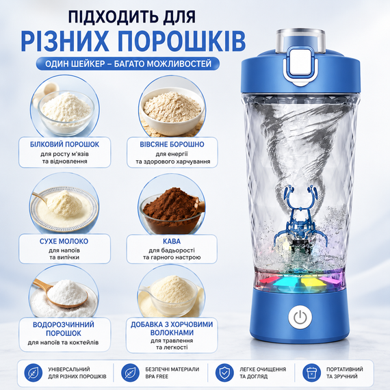 Электрический шейкер 650 мл — Синий, аккумуляторный с LED-подсветкой и контейнером для смеси | Зображення 5