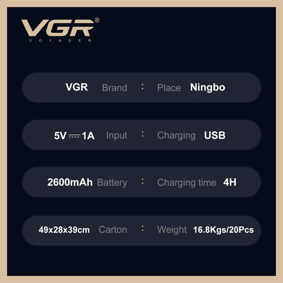 Аккумуляторная машинка для стрижки VGR V-027, 8 насадок, 7000 RPM, 2600 mAh, LED дисплей | Зображення 4