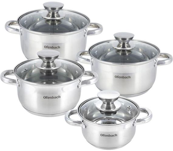 Набір 4 каструлі Ofenbach Casserole із нержавіючої сталі (1.1л, 1.7л, 2.4л, 3.4л) зі скляними кришками