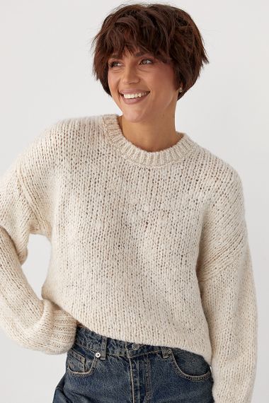 Жіночий однотонний джемпер крупної в'язки - бежевий цвет, ONE SIZE (є розміри)