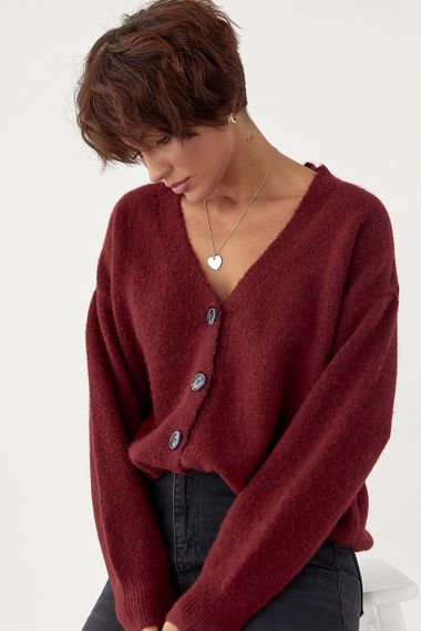В'язаний вільний кардиган на ґудзиках - бордо цвет, ONE SIZE (є розміри) | Зображення 4